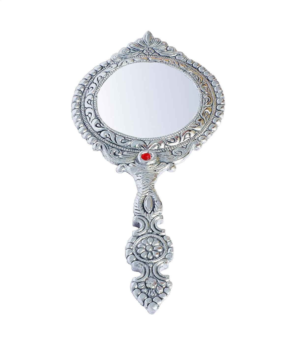 KridayKraft Beautifully Carved Round Shape Silver Plating Hand Mirror for Makeup, Travelling, Salon Mirror & Decorative Mirror Antique Item for Wedding Gifts.