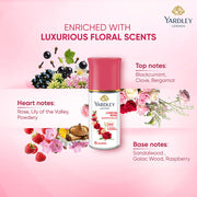 Yardley London London Rose Underarm Deodorant Roll On | With Licorirce Extract & Floral Extracts | Smooth & Eventoned Underarms | 72 H Long Lasting Floral Scent| 0% Alcohol & Dermat Approved | For Women | 50ml