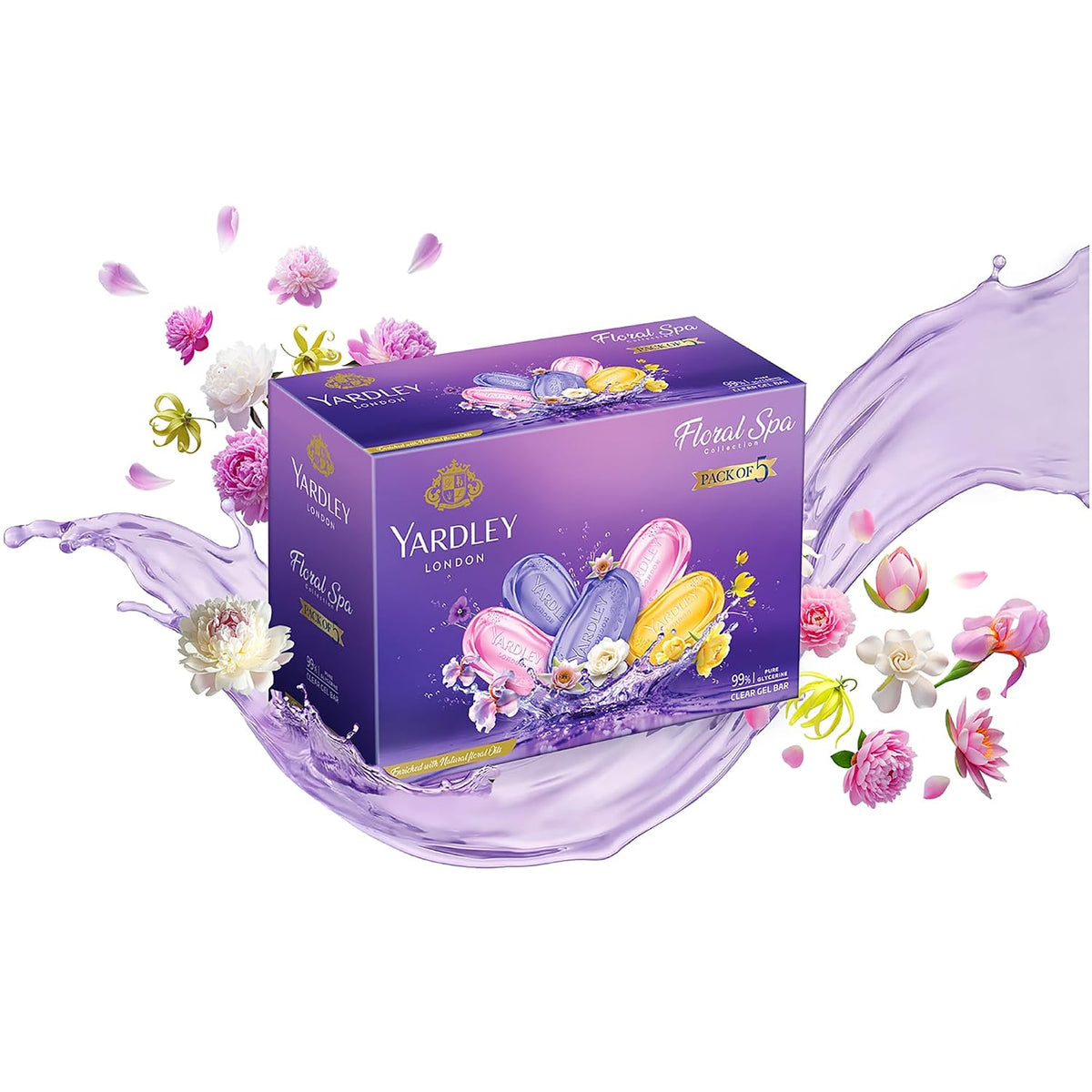 Yardley Clear Gel Bar Assorted Pack of 5 with 99% Pure Glycerin and Natural Floral Oils 125gx5