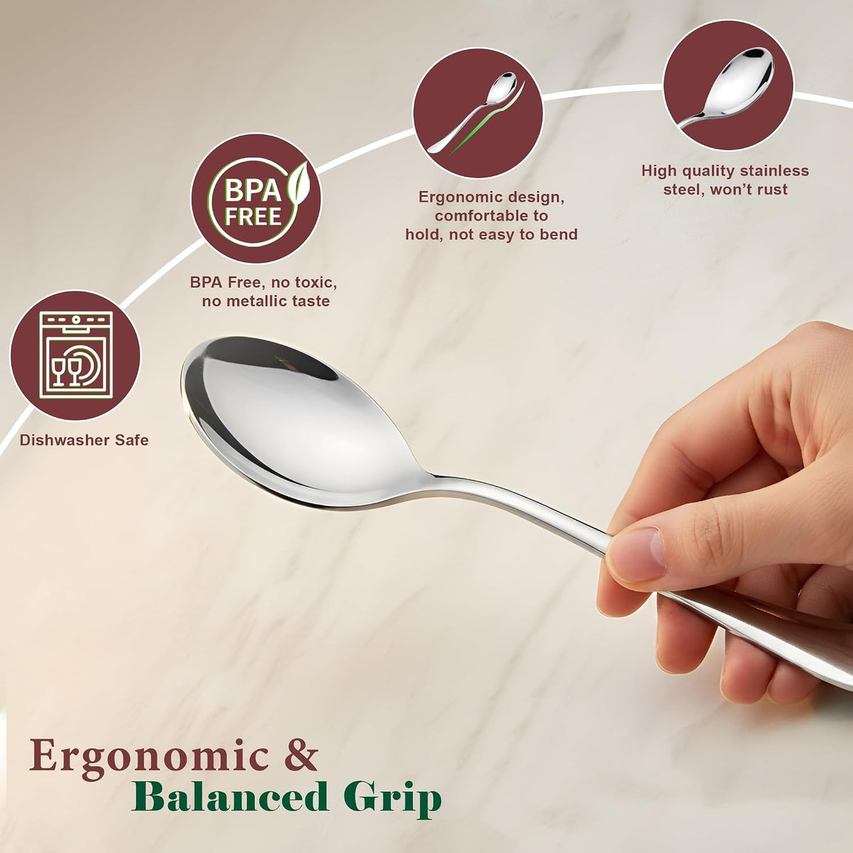 Parage 6 Pieces Stainless Steel Table Spoons Set with Round Edge, 18.5 cm, Tableware, Set of 6, Silver
