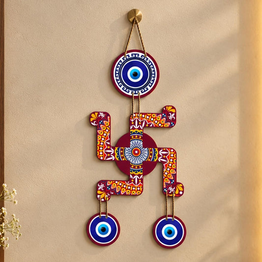 Artvibes Mandala Swastik Wall Hanging with Evil Eye Protection Charms | Decorative Wooden Hindu Decor for Entrance | Home Temple | Living Room | Symbol of Good Luck | Prosperity (WH_85106N)