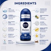 Nivea Men Brightening Complex Anti-Perspirant Roll On 50ml | 0% Alcohol Formula with 72H Sweat & Odor Protection | Brightening Underarm Care Deodorant for Men