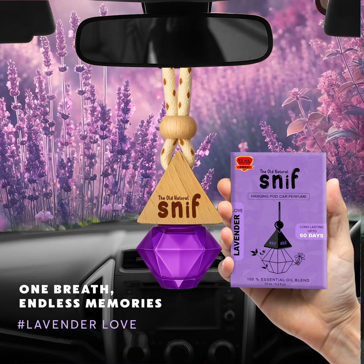 The Old Natural Snif Diamond Hanging oil Car Perfume | Car Air Freshener with Refill Pack (Lavender Love 10ml + 15ml Refill Pack)
