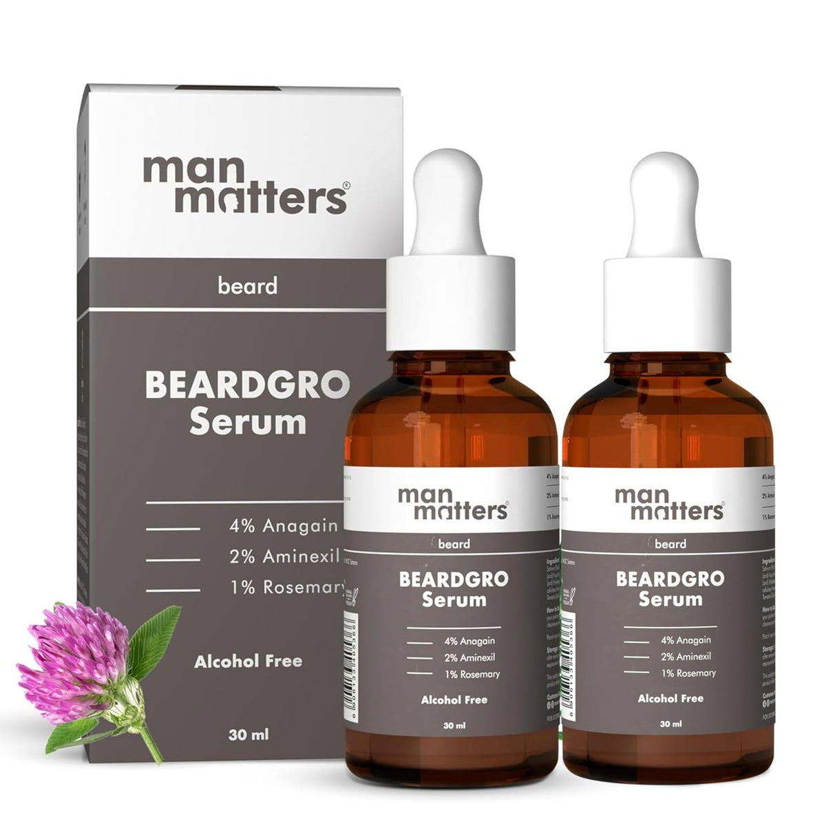 Man Matters BeardGro Beard Growth Serum for Men 30ml | 4% Anagain, 1% Rosemary, 2% Aminexil | Promotes Thicker Beard Growth, Reduces Patchy Beard , Fast Absorption and Lightweight | Pack of 2