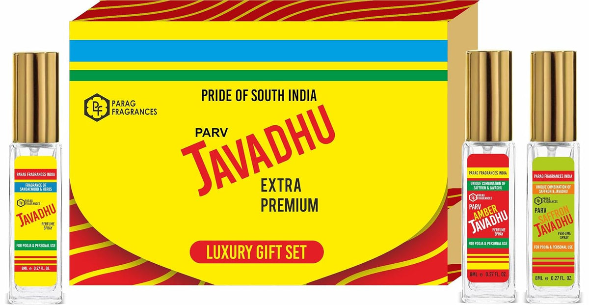 Parag Fragrances Javadhu Long Lasting Perfume Gift Set 8ml x 3 pc Total 24ml Perfume Spray/Natural, Amber & Saffron Javadhu Perfume Spray