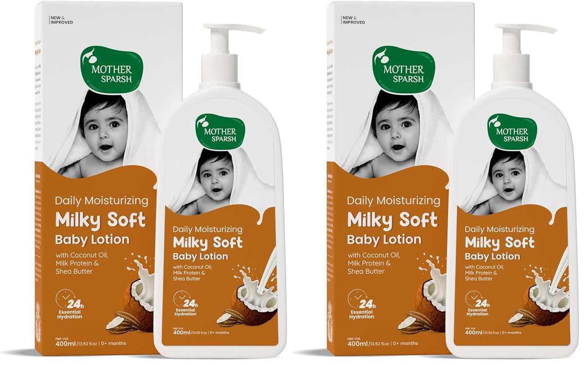 Mother Sparsh Milky Soft Baby Lotion - 400ml |With Milk Protein, Coconut Oil & Shea Butter | For 24Hrs Moisturization (Pack of 2)