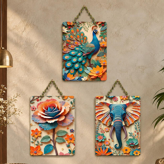Artvibes Nature Harmony Artistic Elephant Floral Peacock & Rose Designer Wooden Wall Hanger for Home Decor | Wall Accent | Sceneries | Wall Poster | Graphic Artwork | Gift Items (WH_9639N), Set of 3