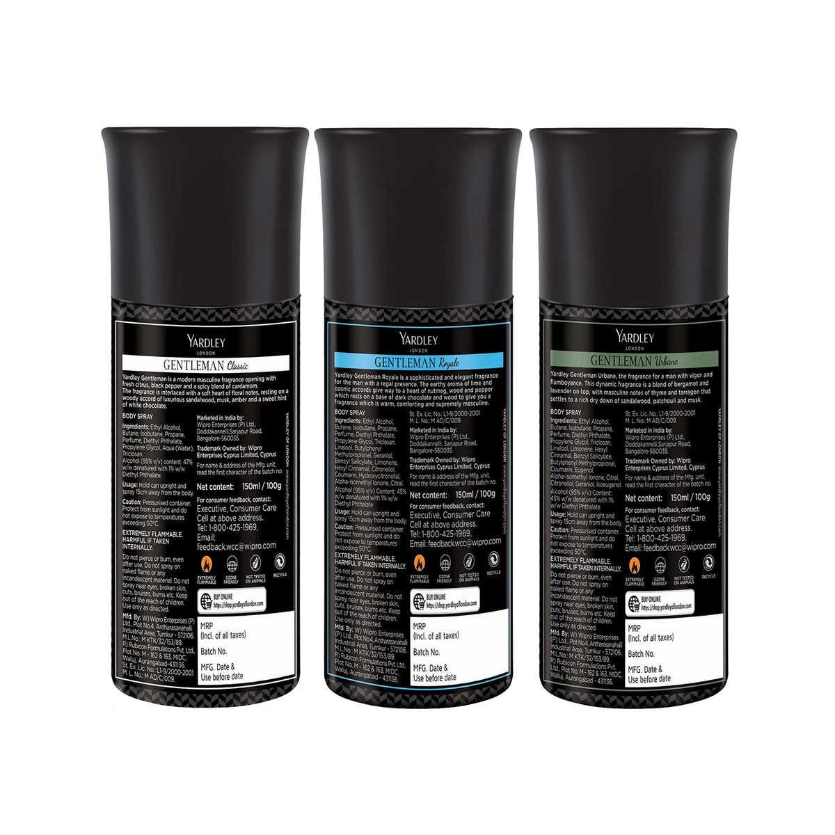 Yardley London Gentleman Range Deo Body Spray Tripack (Classic + Urbane + Royale) for Men, 150ml Each (Pack of 3)