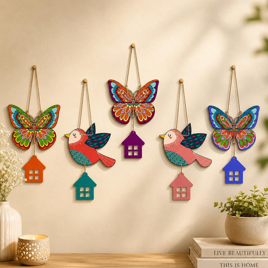 Artvibes Multicolored Birds & Butterfly Wooden Wall Hanger for Home Decor | Modern Decoration Items | Handcrafted Art | Wall Illustrations | Aesthetic Wall Hanging | Ideal Gifts (WH_9123N), Set of 5