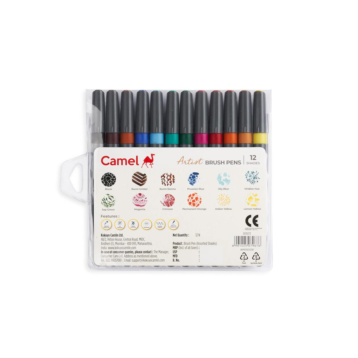 Camel Artist Fine Brush Pen Set - 12 Shades, Assorted