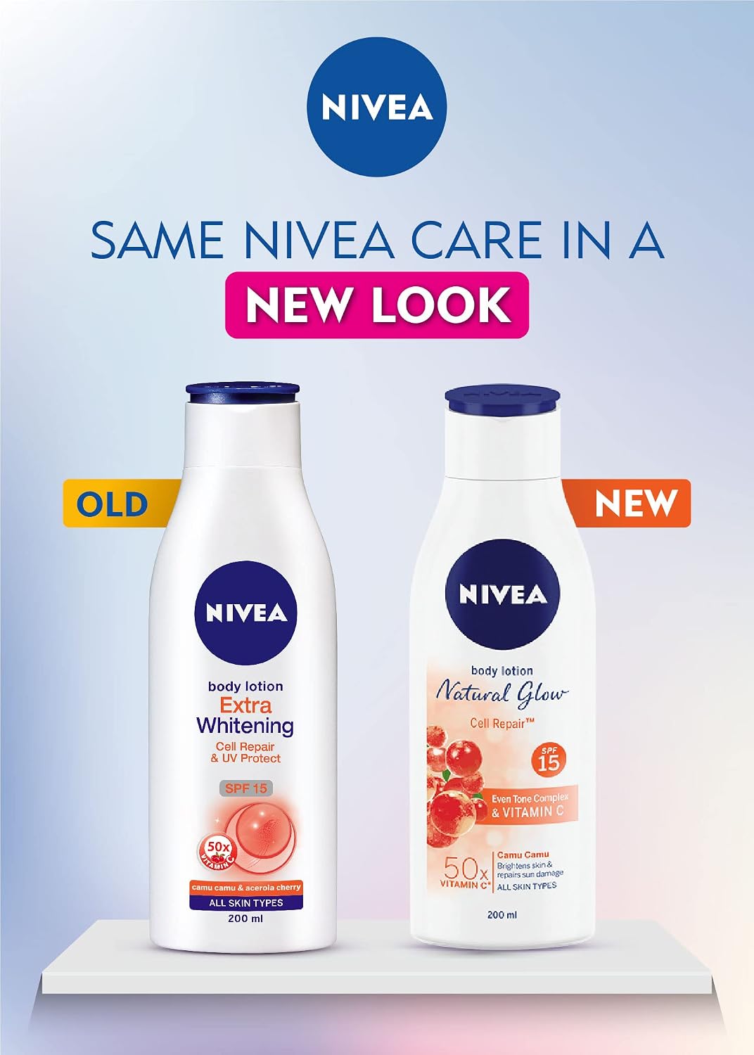 Nivea Body Lotion Natural Glow, Cell Repair, Spf 15 & 50X Vitamin C 400ml (Pack of 2)