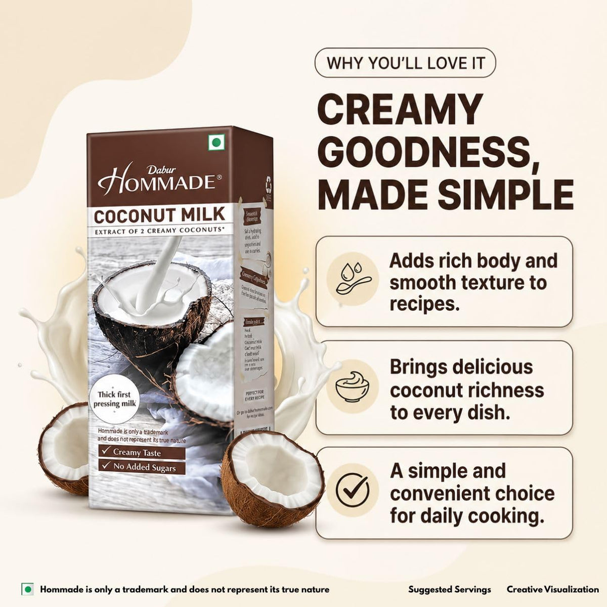Dabur Hommade Coconut Milk : Made from the Extract of 2 Creamy Coconuts | Thick & Creamy Consistency | No Added Sugar | Thick First Pressing Milk | Hassle-Free, Ready to Use | Ideal for Curries, Desserts & Baking | 200ml single item