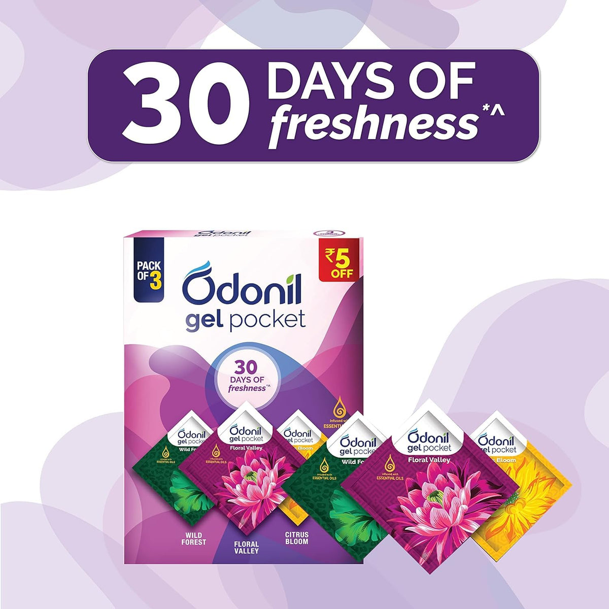 Odonil Gel Pocket Mix - 60g (10g x 6) | Assorted pack of 3 new fragrances | Infused with Essential Oils | Germ Protection | Lasts Up to 30 days | Air Freshener for Bathroom, Toilet, Home & Office