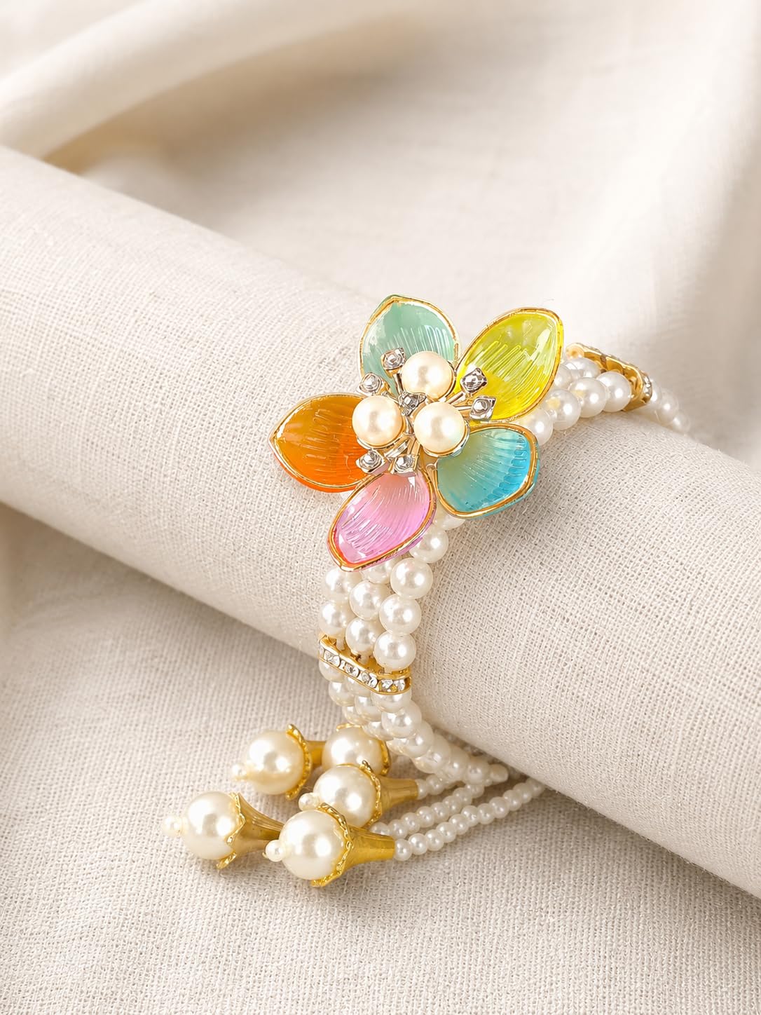 NMII Designer Plastic Pearl Bracelet For Women & Girls With Multicolor Flower Charm | Gold Tone Finish, Gemstone & Pearl Bead Work | Beautiful Hand Bracelet For Wedding, Party, Festival & Festive