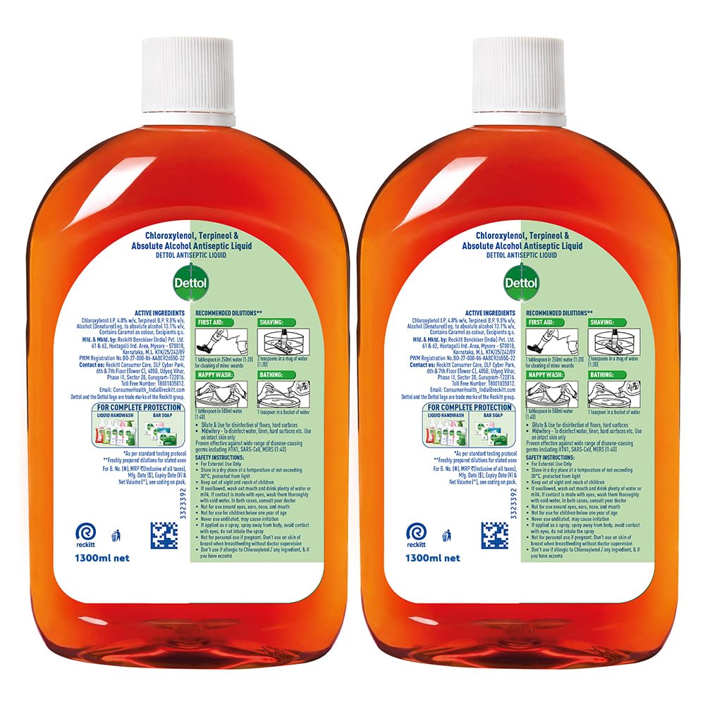 Dettol Antiseptic Liquid for First Aid, Surface Disinfection and Personal Hygiene 1300ml (Pack of 2)