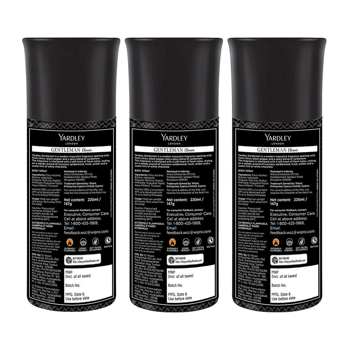 Yardley London Gentleman Classic Deodorant Body Spray For Men, 220ml Each (Pack Of 3)