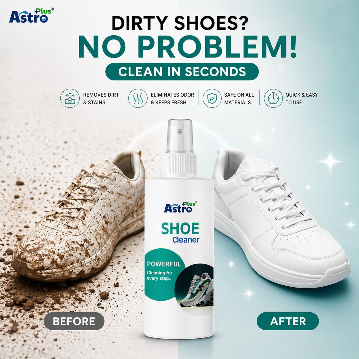 ASTRO PLUS + Shoe Cleaner 200ML | Powerful Deep Cleaning Spray for Sneakers, Leather, Canvas & Sports Shoes | Removes Dirt, Stains & Odor | Quick Dry, Non-Sticky, Safe on All Shoe