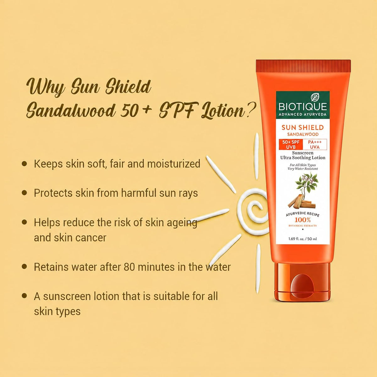 Biotique Bio Sandalwood Sunscreen Ultra Soothing Face Lotion, SPF 50+ |Ultra Protective Lotion| Keeps Skin Soft, Fair and Moisturized| Water Resistant| For All Skin Types| 50ml