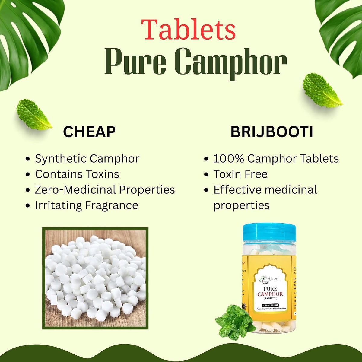 Brijbooti Pure Camphor Tablets 100g | Kapoor for Pooja | camphor tablets for diffuser | kapoor tablets with Refreshing Fragrance | No Residue