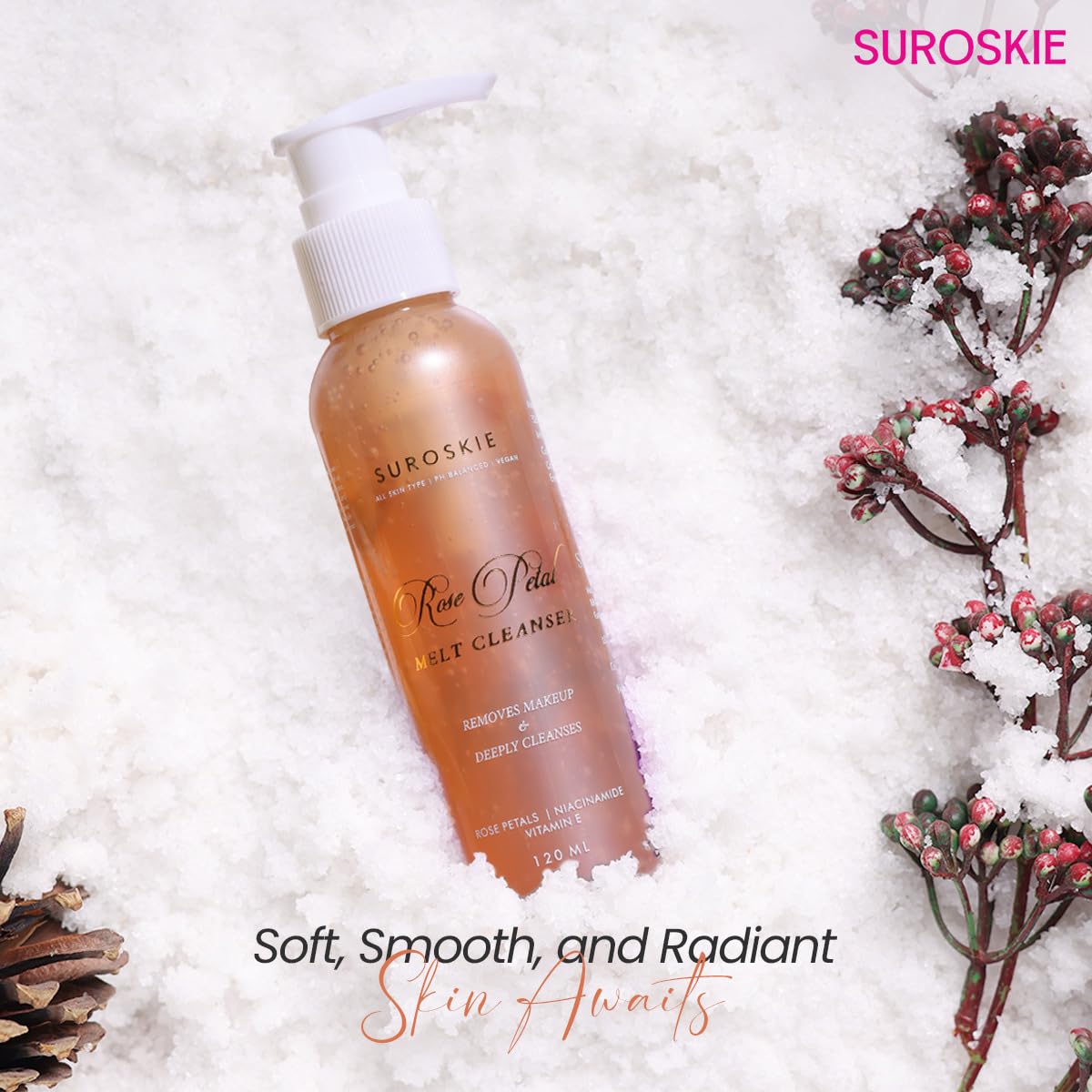 Suroskie Rose Petals Melt Cleanser 120Ml |2-In-1 Face Wash & Makeup Remover | Rose Water, Niacinamide & Vitamin E For Nourished , Brightens & Glow | Suitable For All Skin Types – Men & Women