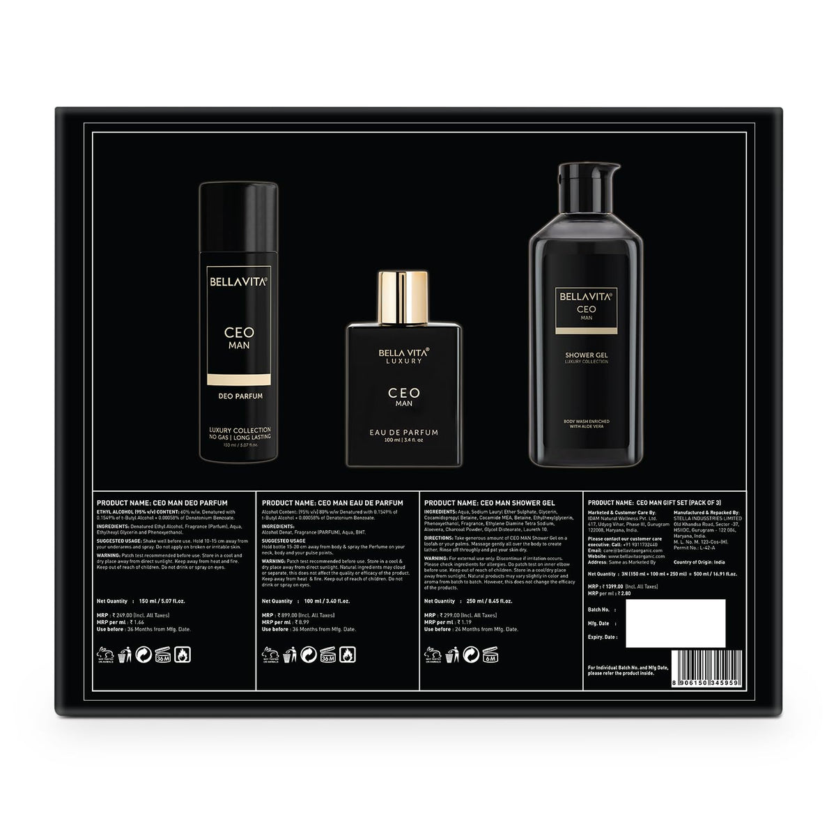 Bella Vita Luxury Black Edition Gift Set with CEO Man EDP Perfume 100ml, Body Parfum Deodorant 150ml & Refreshing Shower Gel for Deep Cleansing, 250ml