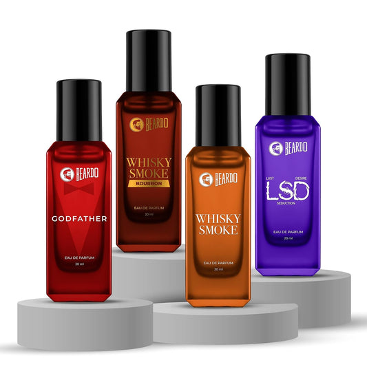 Beardo The Smoke Legacy Pack- Whisky Smoke,Whiskey Smoke Bourbon,GodFather & LSD Perfume for Men (20ml x 4) | Long Lasting Fragrance | Long Lasting Perfume for Men | Gift for Men | Gift for Friend