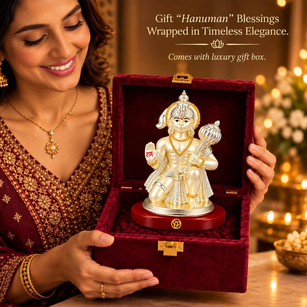 DIVINITI Premium Lord Hanuman Idol with Silver-Tone Finish & Gold Accents | Bajrangbali Idol with Gada, Ram Blessing Hand, Stable Base & Premium Gift Box | Home, Mandir & Gifting | 8.5 x 6.5 cm