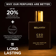 Bella Vita Luxury CEO Woman Eau De Parfum Perfume with Bergamot, Tonka & Vanilla|Premium,Long Lasting Woody & Fruity Fragrance Scent for Women, 100 ML