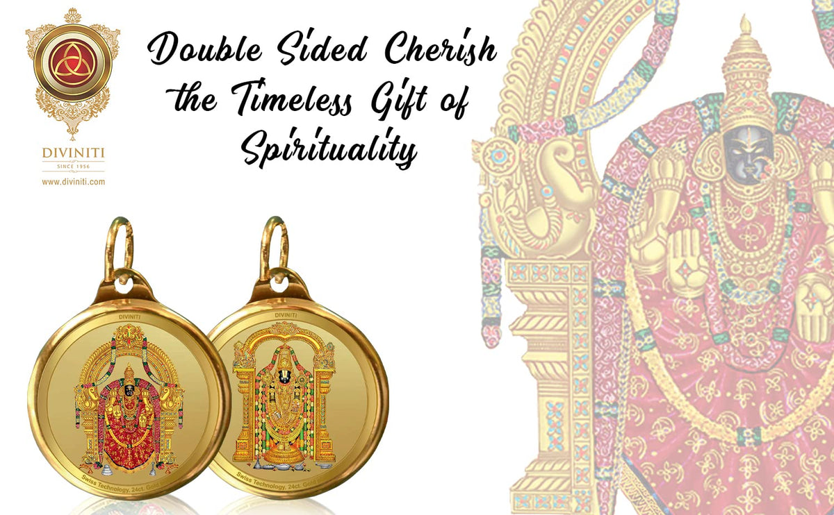 DIVINITI 24K Gold Plated Double-Sided Religious Pendant with Premium Gift Box, Spiritual Locket for Men & Women, Devotional Jewellery for Gifting & Everyday Wear | Padmavathi & Balaji