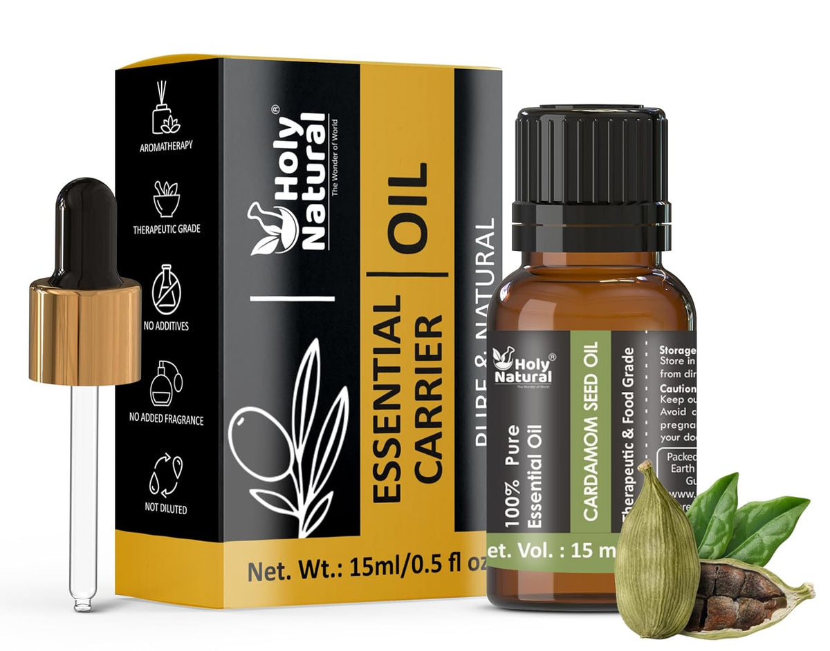 Holy Natural Cardamom Essential Oil 15ml (with Dropper Plug), Undiluted Therapeutic Grade, Best For Aromatherapy, Relaxation, Skin Therapy & More.
