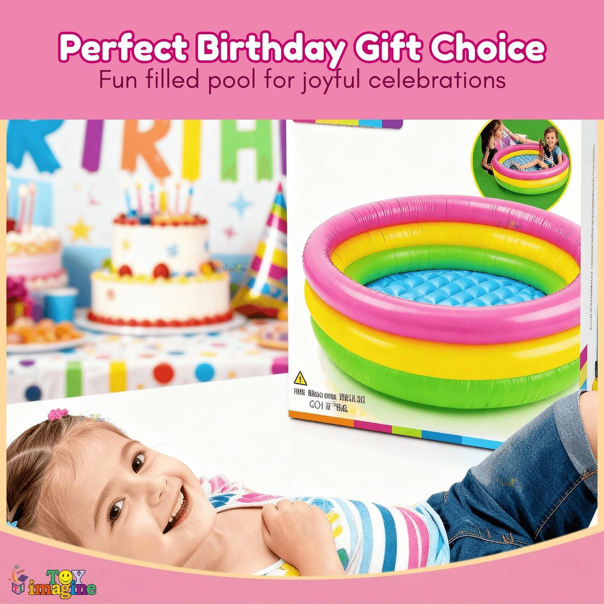 Toy Imagine 4ft Inflatable Kids Swimming Pool - Small Portable Bathtub | Sunset Glow Ring, Round, Colourful - Perfect for 2-3 Kids