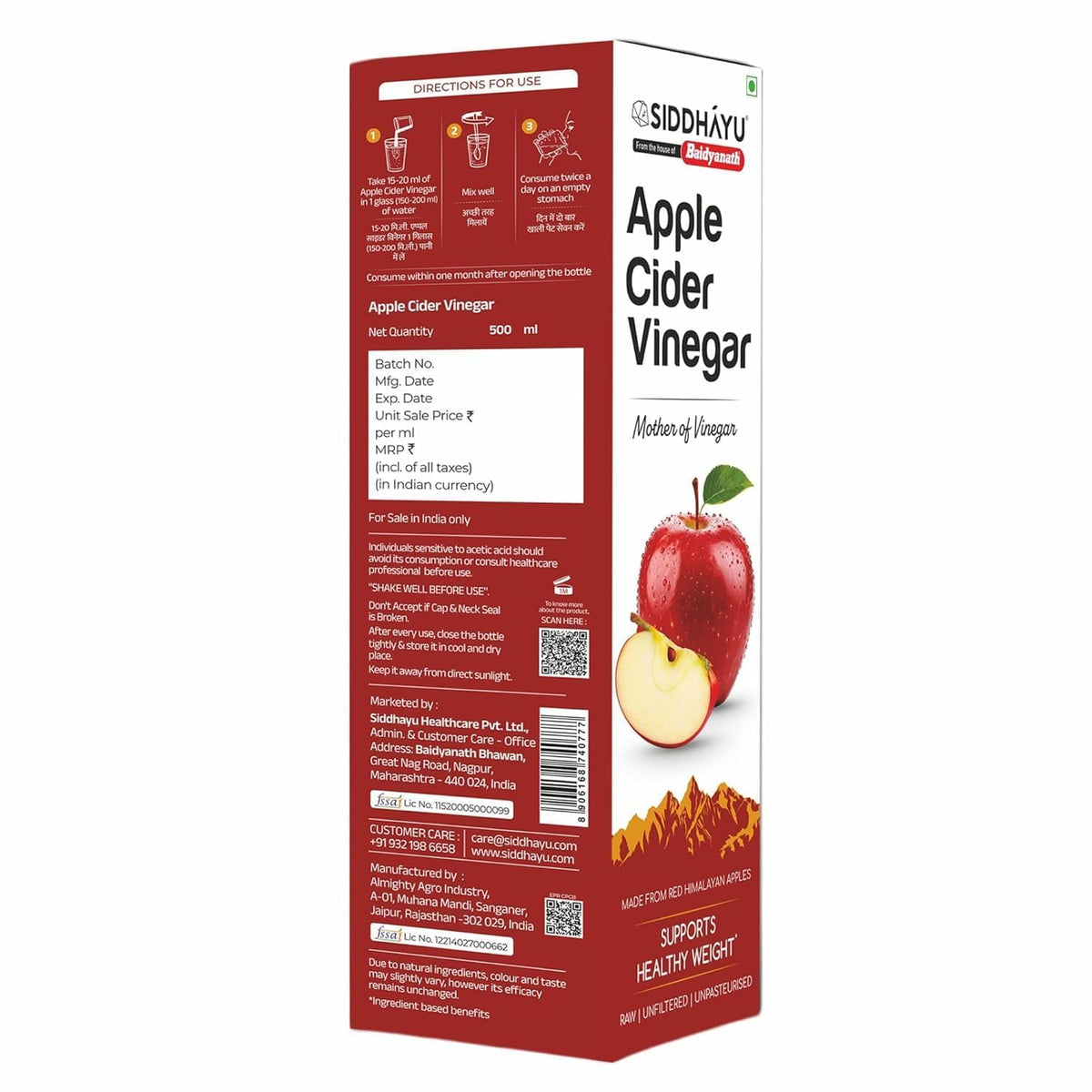 Baidyanath Asli Ayurved Apple Cider Vinegar - 500 Ml|Mother Of Vinegar Red Himalayan Apples|For Weight Management, Reduced Bloating, Healthy Skin & Hair - Raw, Unfiltered & Unpasteurized|100% Pure