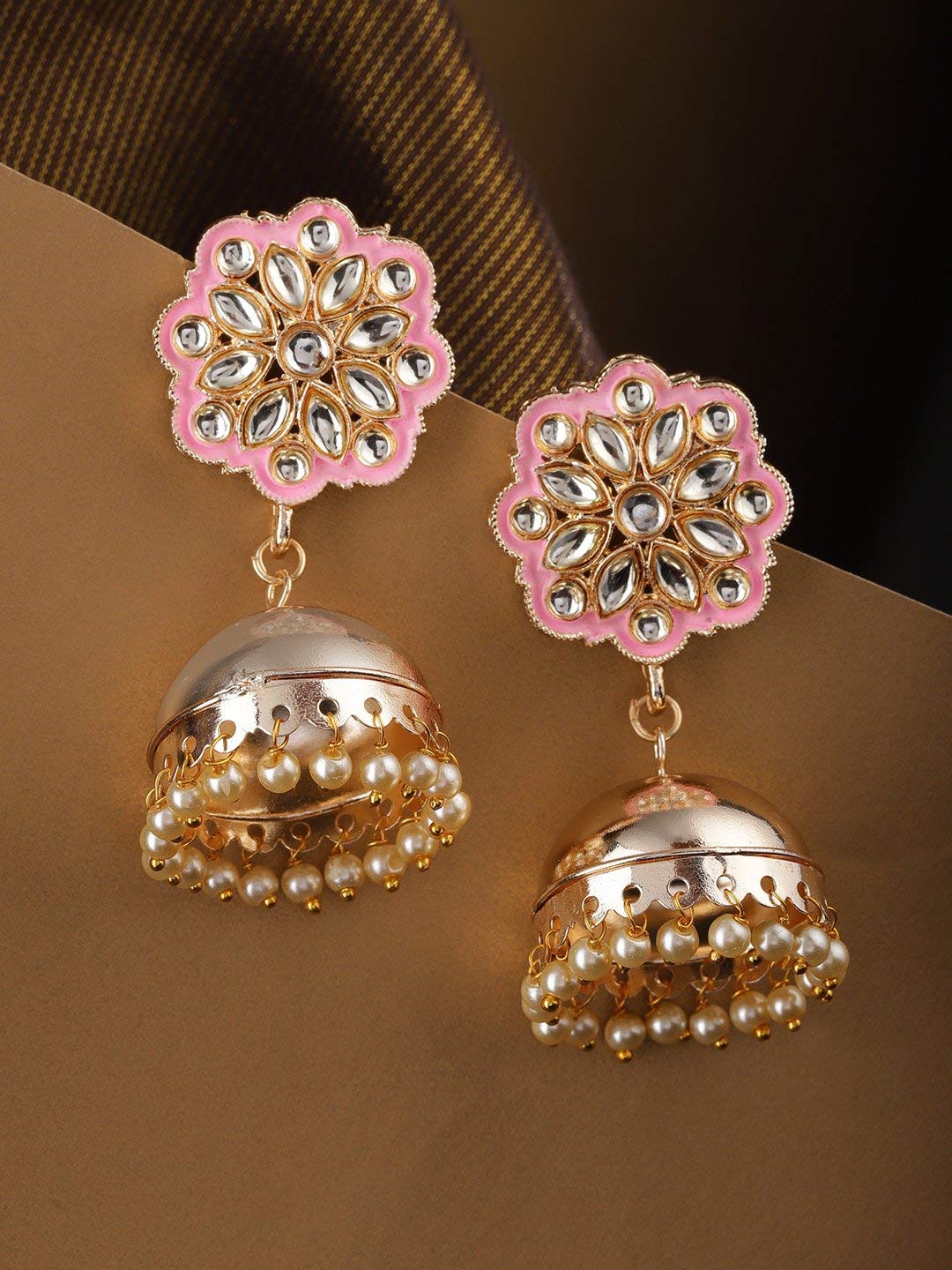 Priyaasi Gold-Plated Kundan Studded Floral Patterned Meenakari Jhumka Earrings in Pink Color with Pearls Drop
