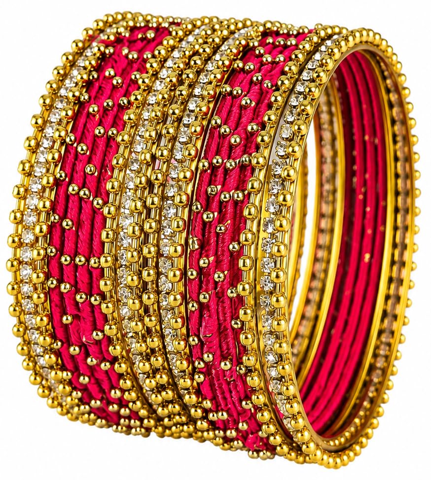 NMII Non-Precious Metal with Base Metal and Zircon Gemstone Studded Ball Chain Linked Glossy Finished Silk thread Bangle set for Women and Girls