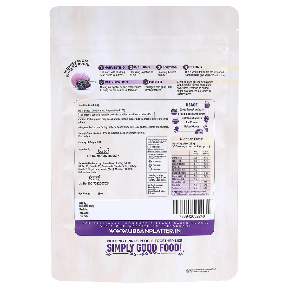 Urban Platter Pitted California Prunes, 250g (Naturally Sweet | Rich in fibre & Antioxidants | Ready-to-Eat Dried Plums)