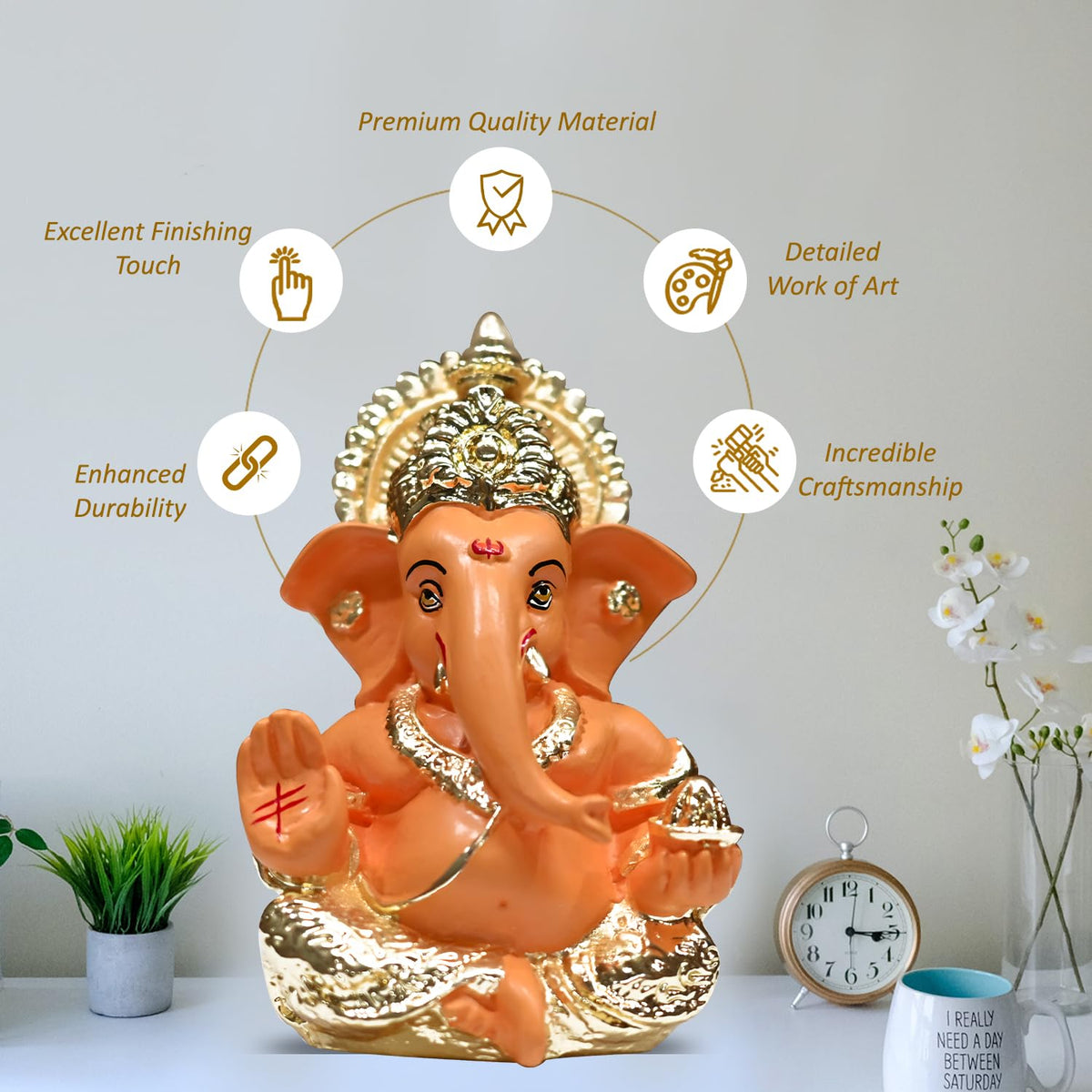 DIVINITI Gold Plated Ganesha Idol with Mango Terracotta Work - 3.5 Inch Height for Home Decor/Office Desk/Puja Room Sculpture, Infusing Positive Energy & Religious Gift (8.89 x 5.08 cm)(Mango Yellow)