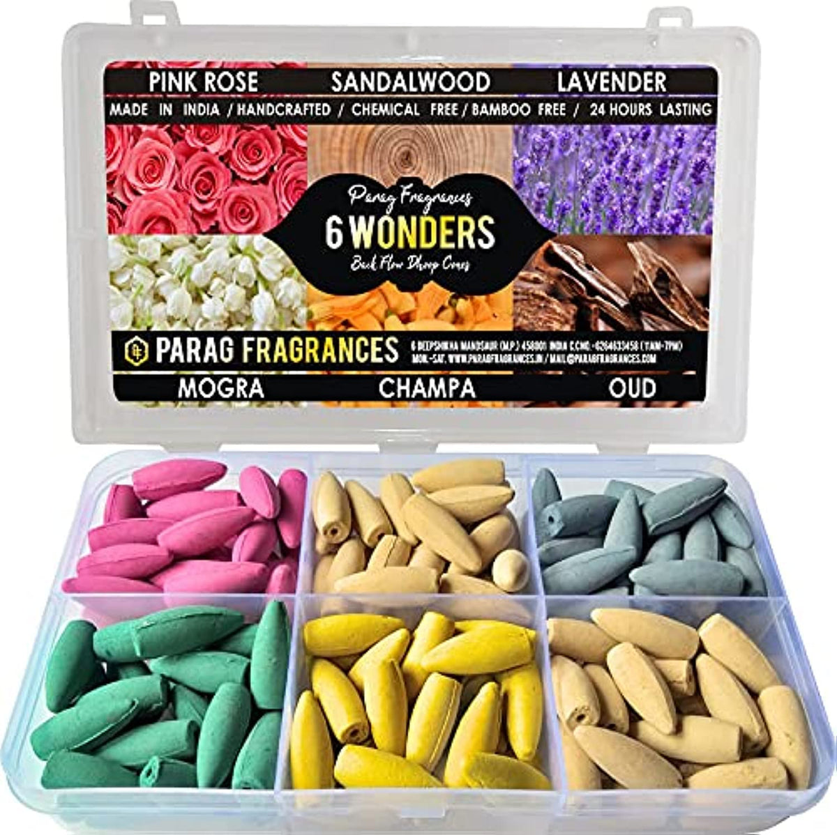 Parag Fragrances 6 Wonders बैकफ्लो धूप कोन्स / Back Flow Incense Cones (Rose, Sandalwood, Lavender, Mogra, Champa & Oud) for Smoke Fountain/Original Backflow Dhoop Cones Natural Oil