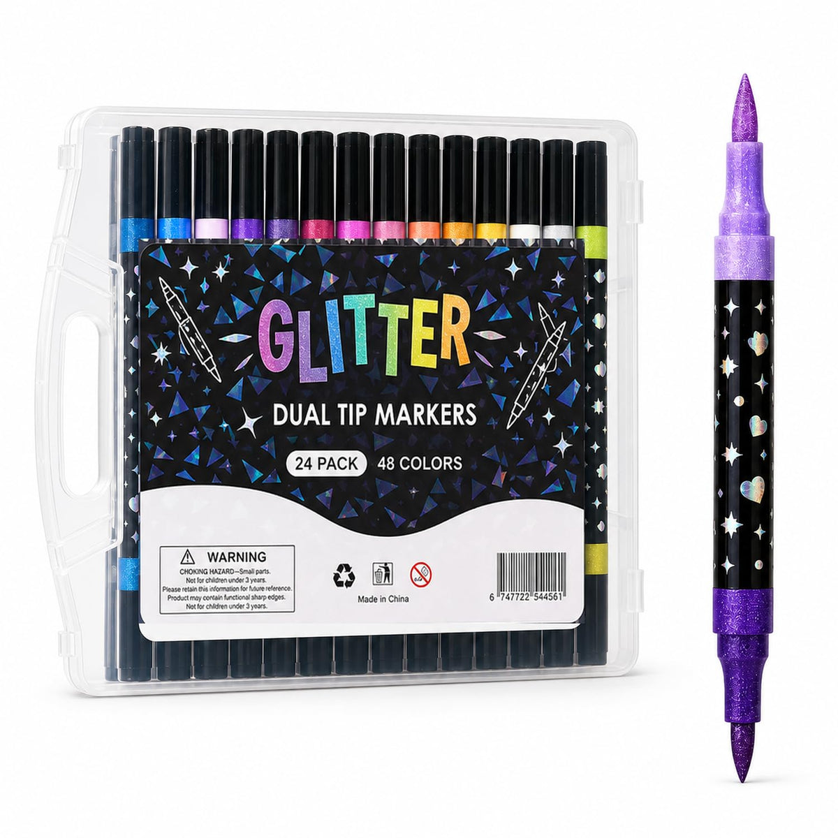 Toy Imagine 48-Colour Glitter Marker Pens, Dual-Tip Brush & Fine Tip