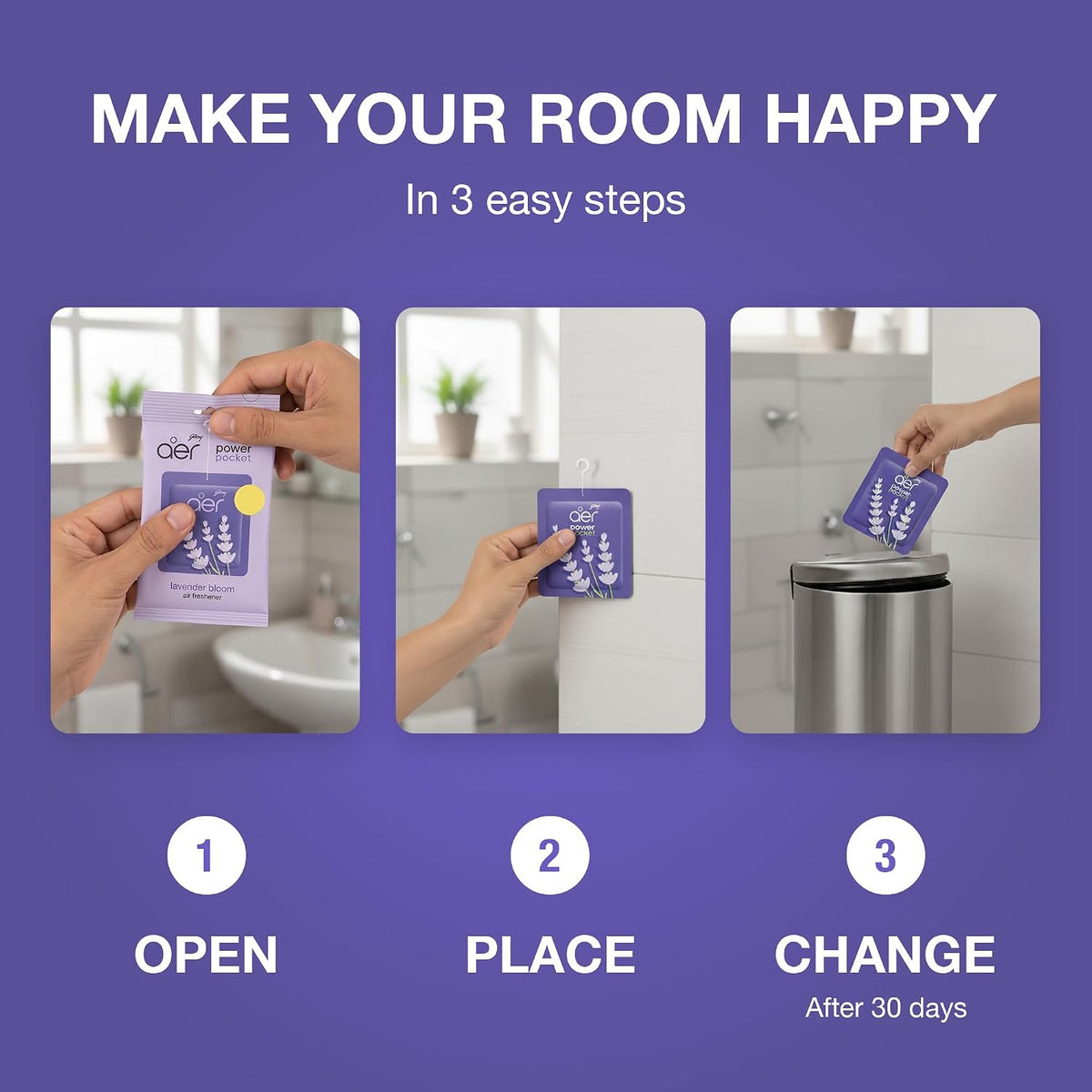 Godrej aer Power Pocket Bathroom Freshener – Lavender Bloom (10g) | Lasts up to 30 days | Germ Protection