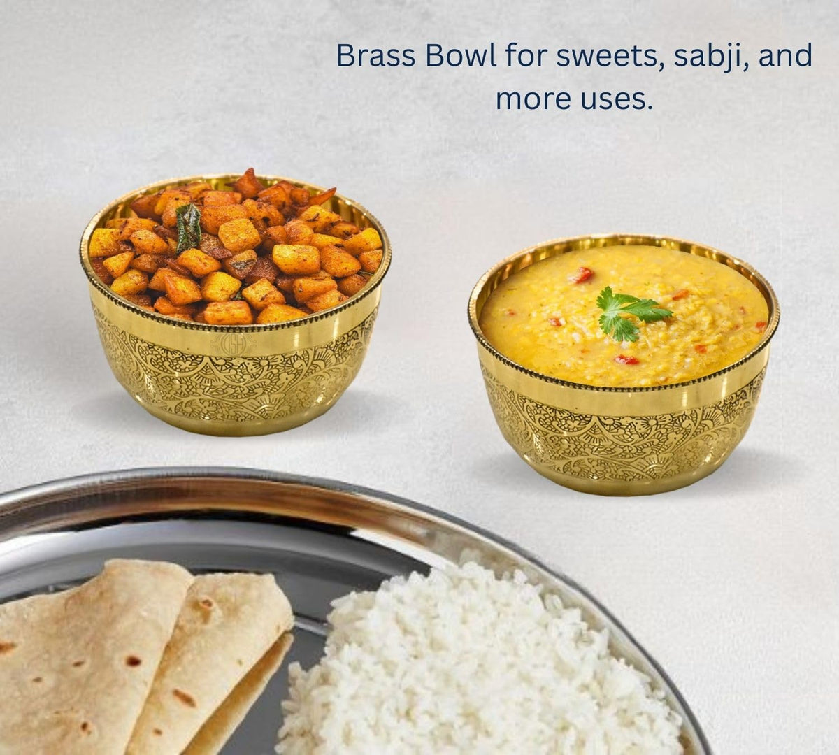 DSH Brass Bowl Pure Brass Embossed Design Lunch Bowl (Set of-2) Tableware and Serveware for Home Hotel Restaurant.(KATORI-DANAach-2P)