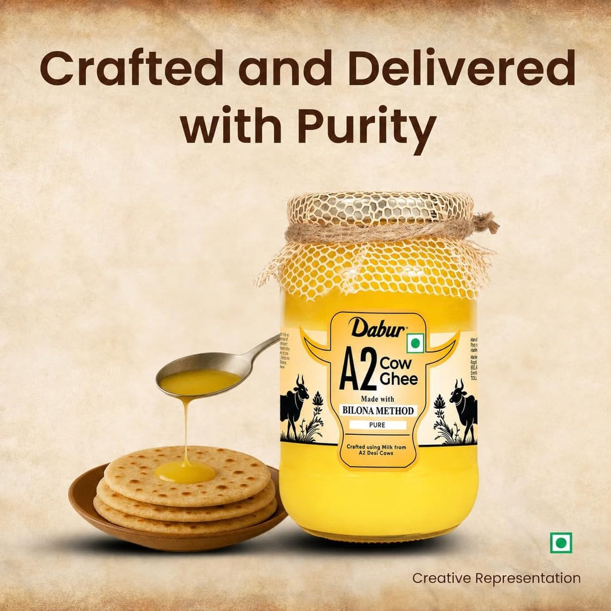 Dabur A2 Cow Ghee - 500ml | Rich in Vitamin A | Made with Bilona method | Crafted using milk from A2 desi cows