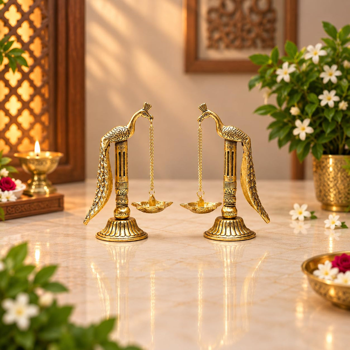 KridayKraft Peacock Design Metal Hanging with Chain Diya Pair of Peacock Design Bird Diya Deepak Oil Lamp