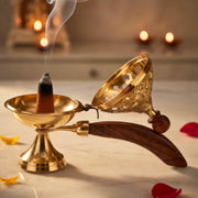DSH Brass Loban Burner Home Purifying Dhoop Dani Bakhoor Holder Table Incense Burner with Wooden Handle for Home Decoration