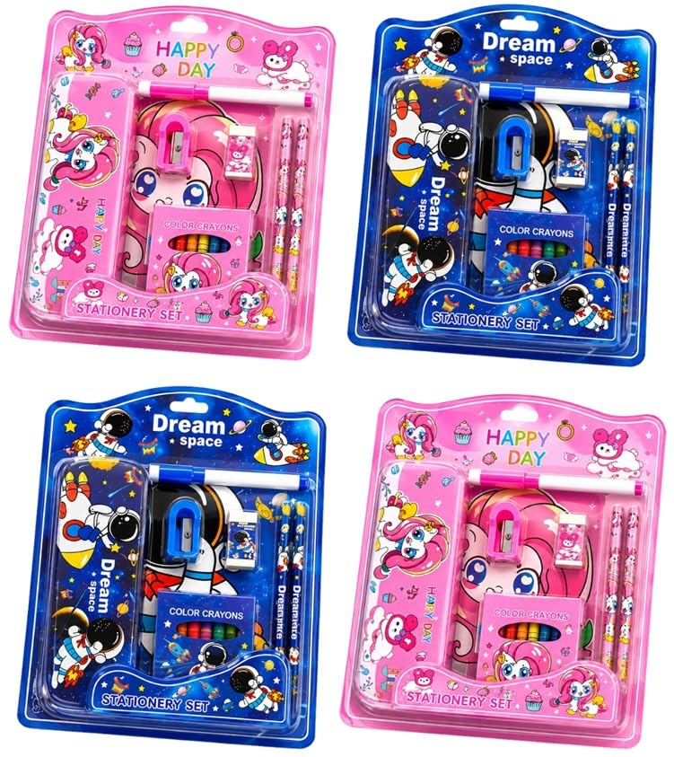 Toy Imagine Stationery for Kids Best Return Birthday Gift for Boys Girls Educational Learning Stationery kit Set for Kid (14 Pcs/Pack of 4) | Metal | Wooden
