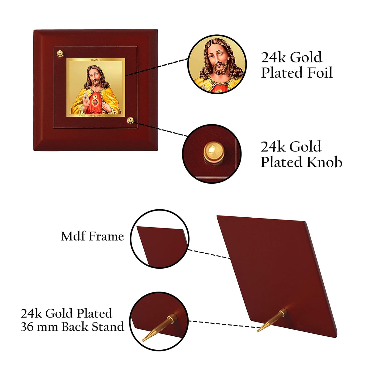 DIVINITI Jesus Christ 24K Gold Plated MDF Photo Frame|Premium Christian Table Top Frame for Home, Office & Prayer Room|Luxury Spiritual Gift Item for Housewarming, Festive Gifting|10 x 10 CM