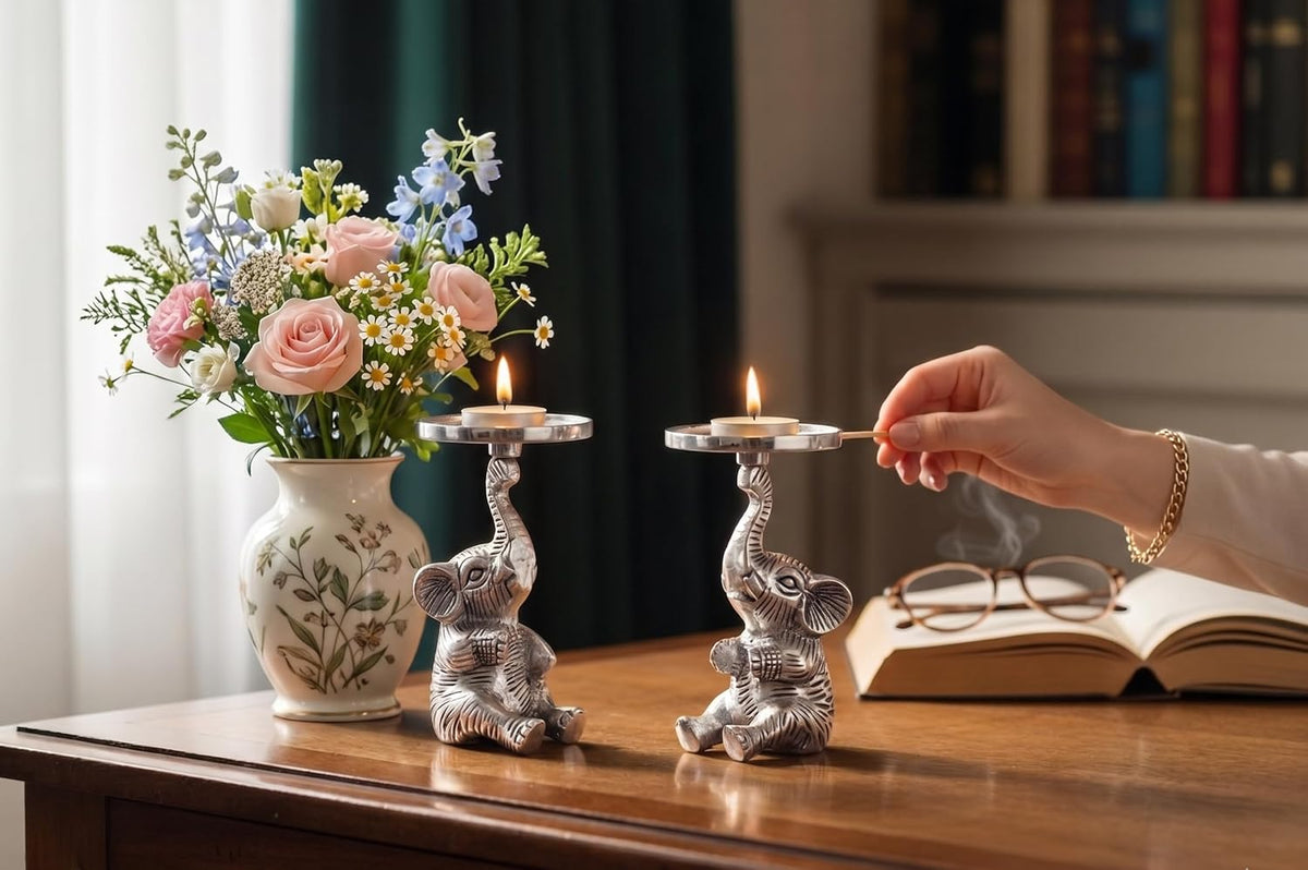 KridayKraft Elephant Candle Holders Set of 2 Pcs- Decorative Cast Aluminum Figurine Pillar Stands - Lucky Elephant Statues for Home Decor, Living Room, Gifting - Raised Trunk Design