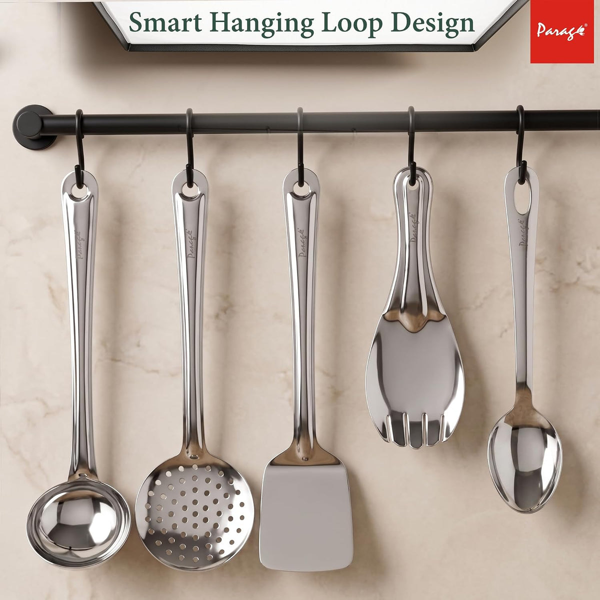 Parage Stainless Steel 10 Pieces Cooking Spoons Set, Contains Ladle, Turner, Strainer, Rice Spoon, Oval Spoon, Serving Spoon, Kitchen Cooking Essential Set for Home, 10 Pcs