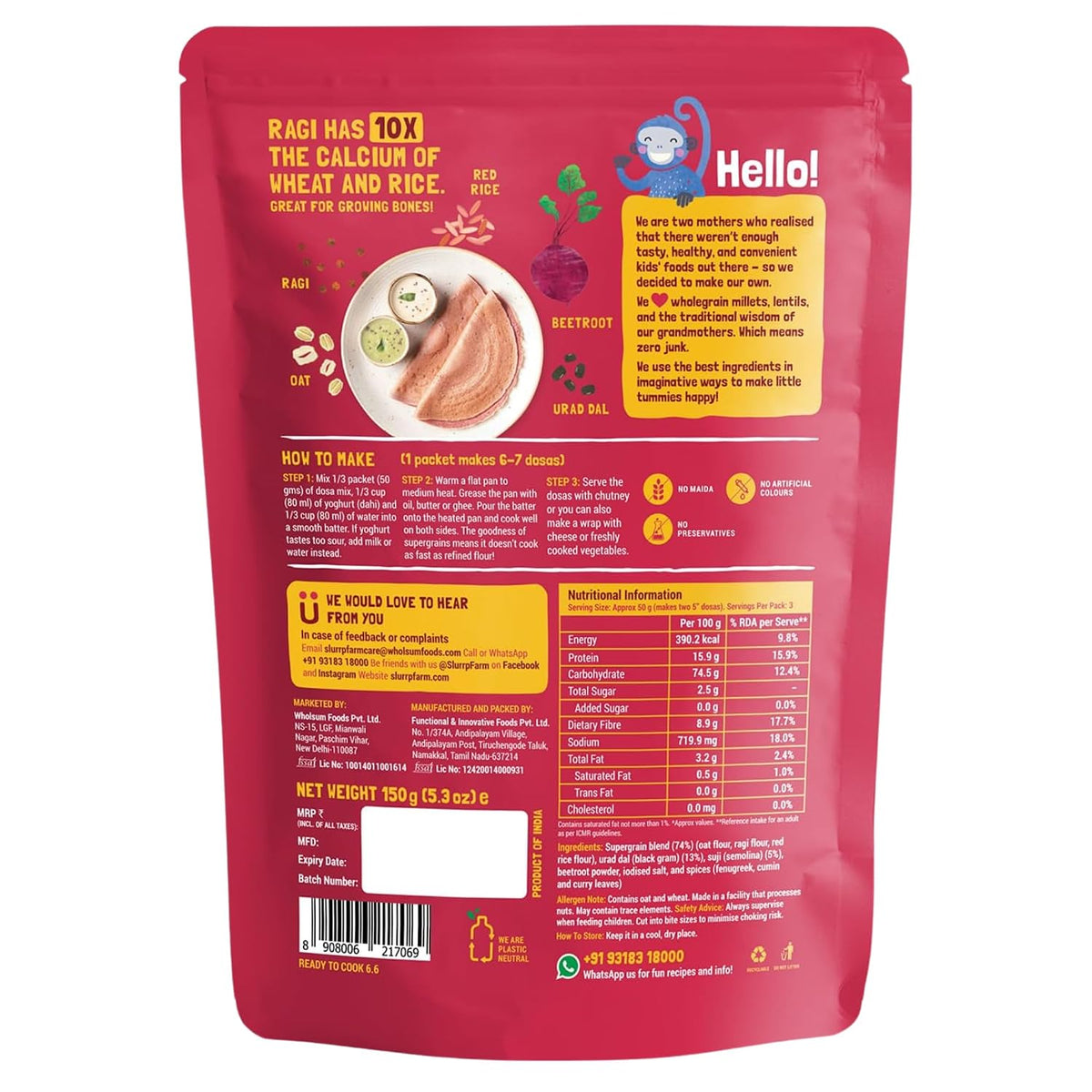 Slurrp Farm Millet Dosa Instant Mix, Supergrains Spinach And Beetroot, Natural And Healthy Food, 150g (Pack Of 2)