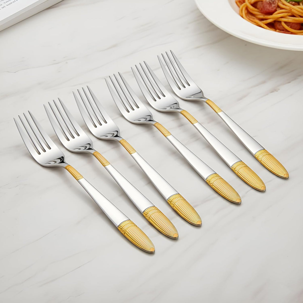 Parage 6 Pieces Stainless Steel 24k Golden Forks Set, 18 cm Long, Premium Cutlery for Home & Kitchen, Luxury Dining Tableware Gift for House Warming,24 Karat Gold Plated Table Forks, Ivory Design