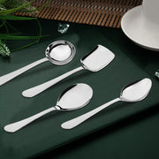 Parage 4 Pieces Stainless Steel Serving Spoons Set for Dining Table/Kitchen, 1.8 mm Heavy Gauge (1 Soup Ladle (Karchi), 1 Solid Spoon (Chamcha), 2 Rice/Serving Spoons), Silver (Pack of 4)